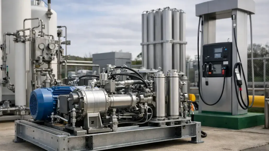 Industrial skid-mounted pump system with a blue motor, stainless steel pipes, and filtration units at an outdoor facility with a control panel in the background.