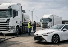 Hydrogen Fuel Cell Solutions for Heavy-Duty Mobility Two white Scania semi-trucks are at a fueling station as a man in a high-visibility vest talks with a woman beside a white sedan, with wind turbines in the background.