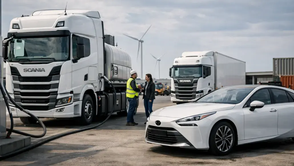 Two white Scania semi-trucks are at a fueling station as a man in a high-visibility vest talks with a woman beside a white sedan, with wind turbines in the background.