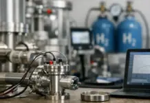 Measuring Energy Density of Hydrogen with New Sensor Close-up of a stainless steel gas valve and tubing in a lab, with hydrogen cylinders in the background and a laptop showing a graph.