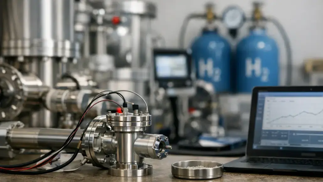 Close-up of a stainless steel gas valve and tubing in a lab, with hydrogen cylinders in the background and a laptop showing a graph.
