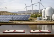 UAE and Mongolia MOU On Renewable Energy and Green Hydrogen Two notebooks with pens on a polished conference table, overlooking solar panels, wind turbines, and hydrogen tanks in a desert site.