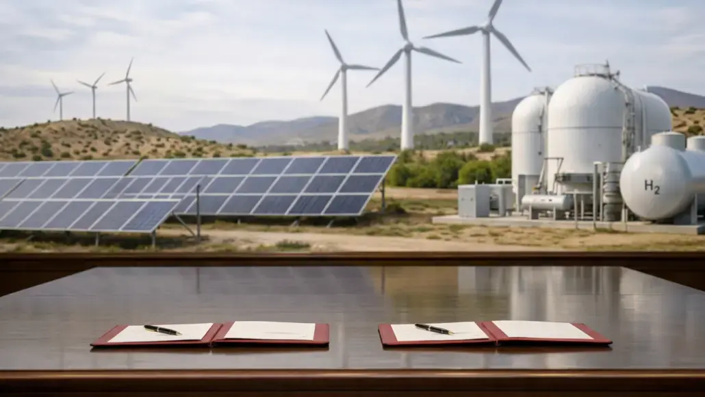Two notebooks with pens on a polished conference table, overlooking solar panels, wind turbines, and hydrogen tanks in a desert site.