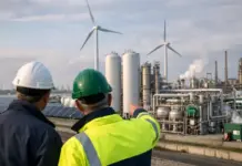 Off-Take of RFNBO-Compliant Hydrogen by Nobian, Air Products Two workers in hard hats and a high-visibility jacket review an energy plant with wind turbines and solar panels in the background.