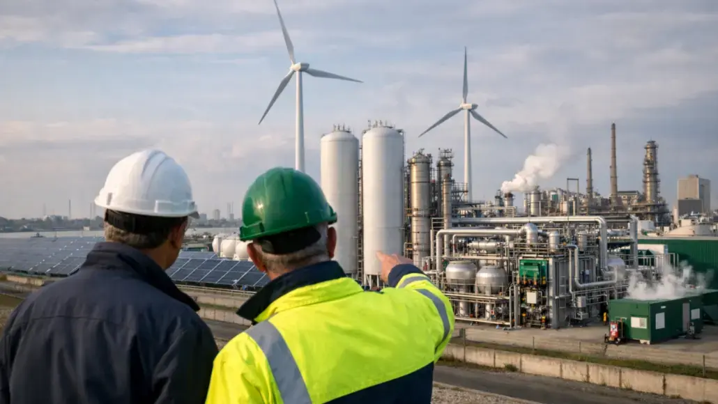 Two workers in hard hats and a high-visibility jacket review an energy plant with wind turbines and solar panels in the background.