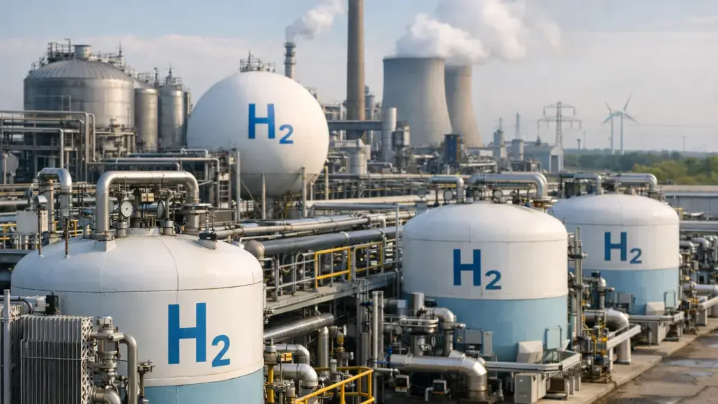Industrial hydrogen production facility with large H2 storage tanks and complex pipeline network in the foreground.