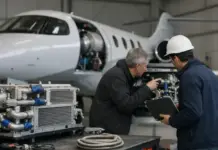 Universal Cooling System for Hydrogen-Electric Aircraft Two mechanics inspect a jet engine in a hangar; one points at the engine while the other holds a clipboard.