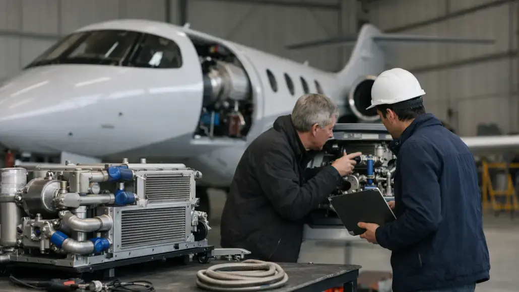 Two mechanics inspect a jet engine in a hangar; one points at the engine while the other holds a clipboard.