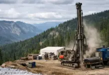 Primary Hydrogen Sets Date for Wicheeda North First Drilling Heavy drilling rig on a mountain construction site, dust rising as it operates with forested hills in the background.