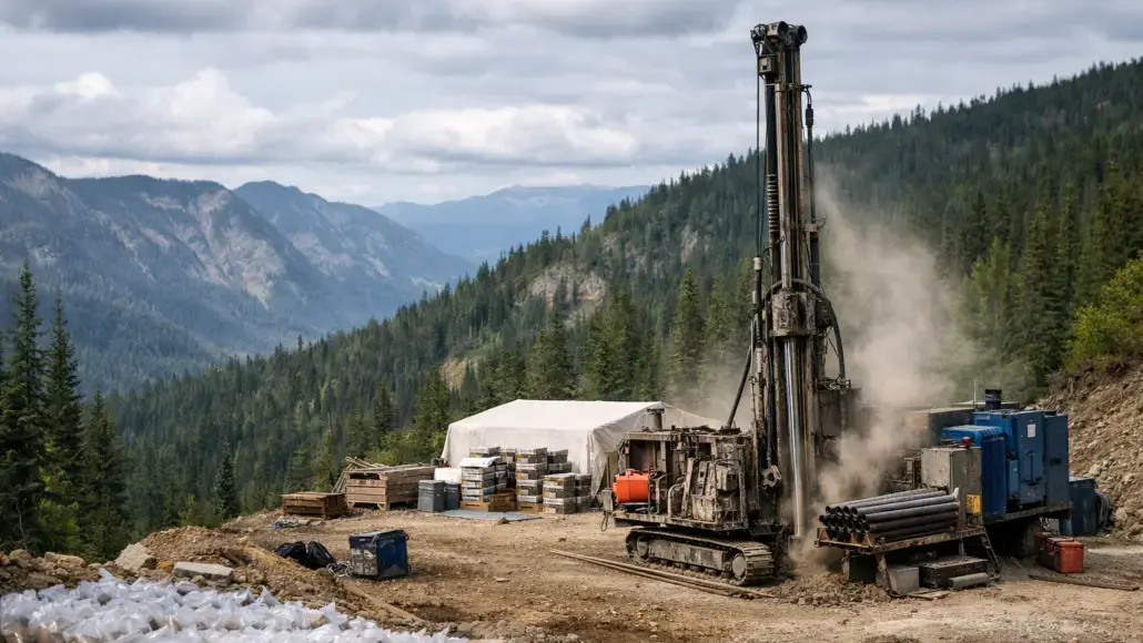 Heavy drilling rig on a mountain construction site, dust rising as it operates with forested hills in the background.
